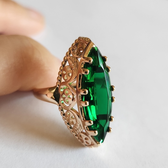 New 14K Gold Plated Marquise Cut Emerald Ring for Women